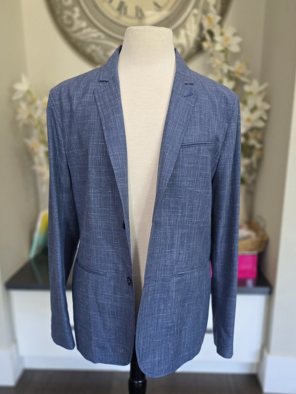 John Varvatos Allen Jacket NWT Steel Blue Size 54 Wool Silk Linen